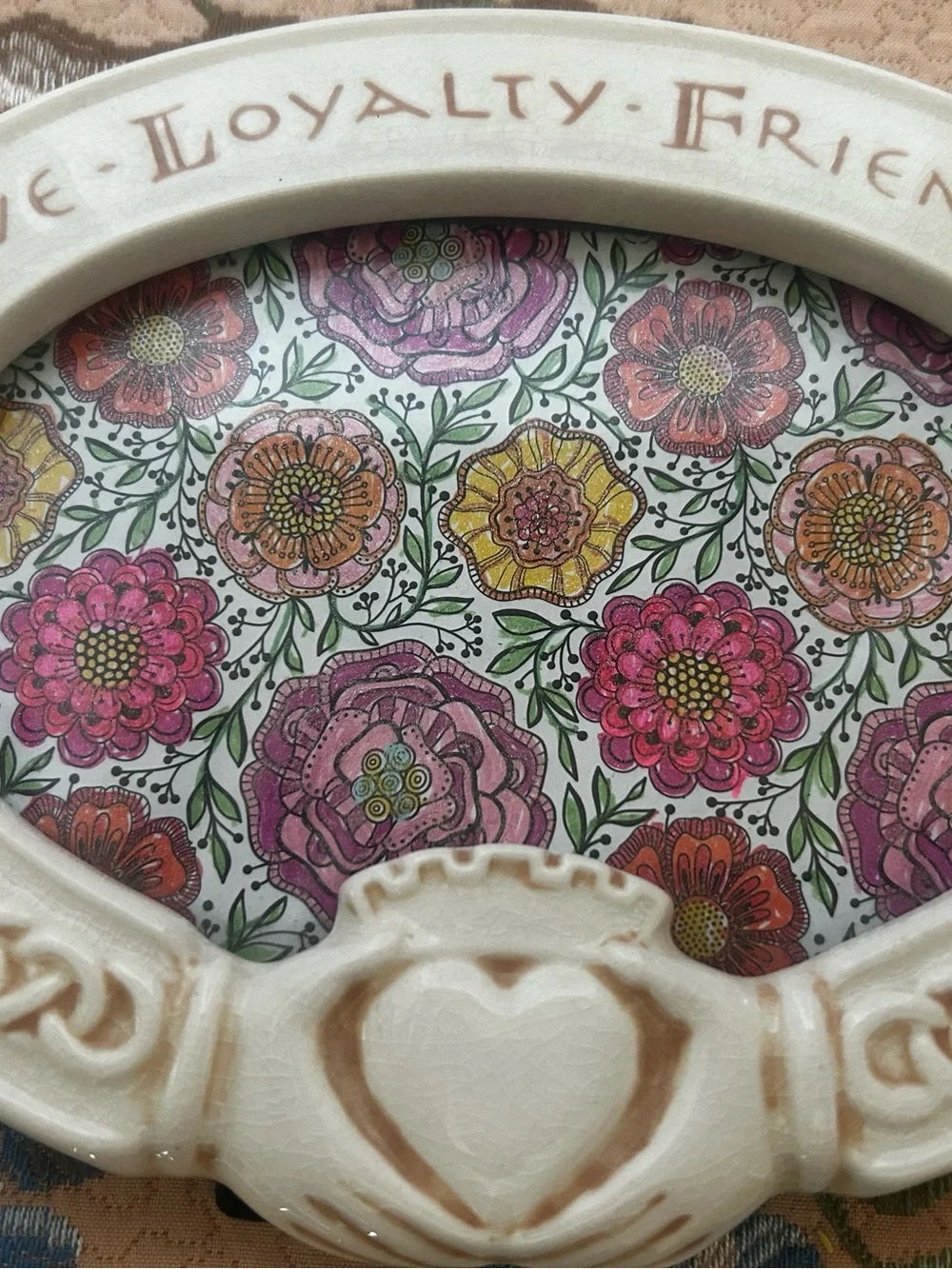 Russ Ceramic Oval Frame with Pink, Yellow and Green Floral Insert